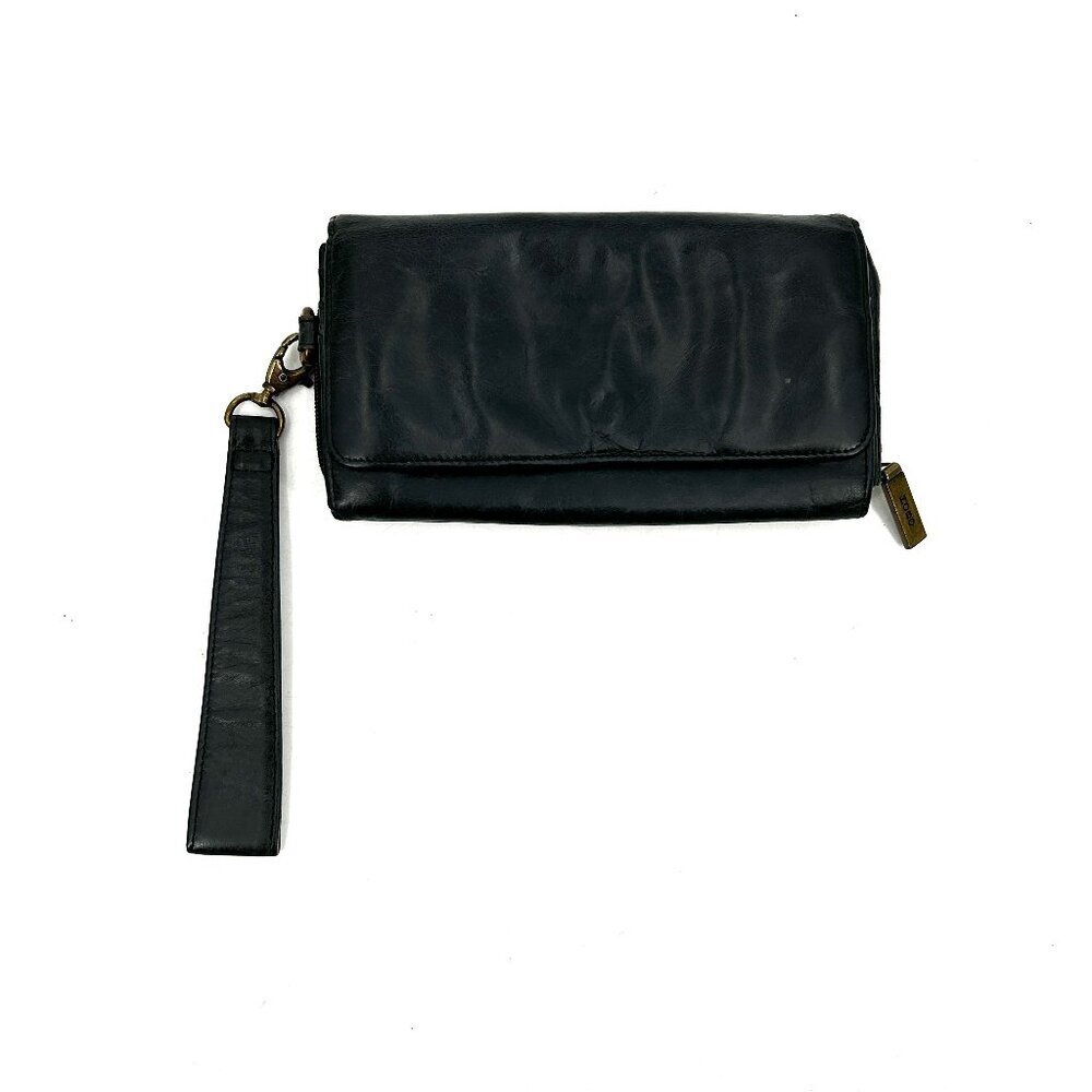 HOBO Black Leather Boho Green Paisley Bifold Magnet Clasp Long Wallet Clutch
